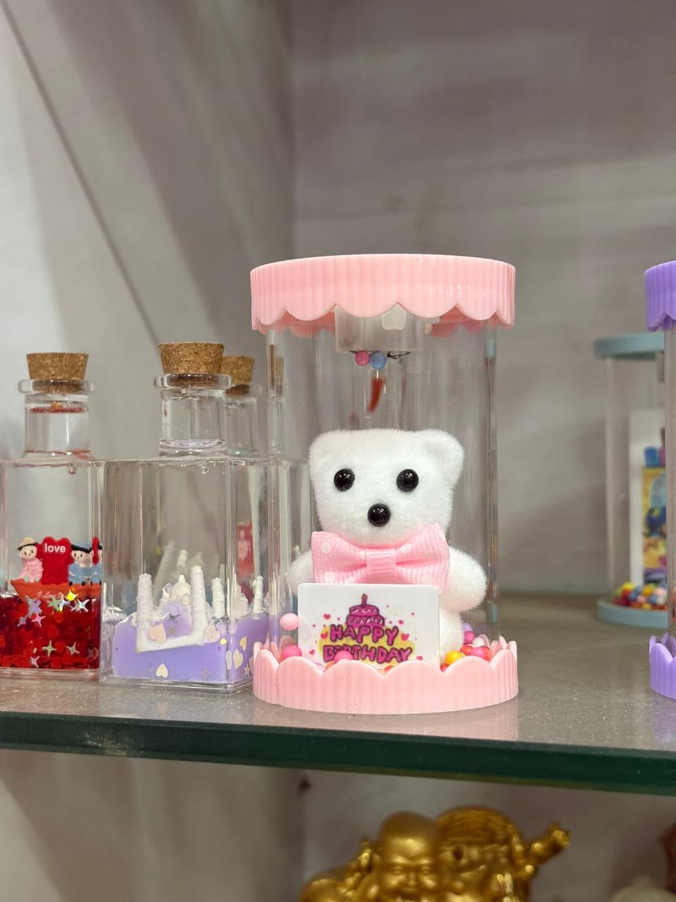 Cute Teddy Bear in Transparent Gift Cylinder with LED Light & 'Happy Birthday' Sign – Perfect Birthday Gift for Kids, Friends & Loved Ones (Purple/Pink)